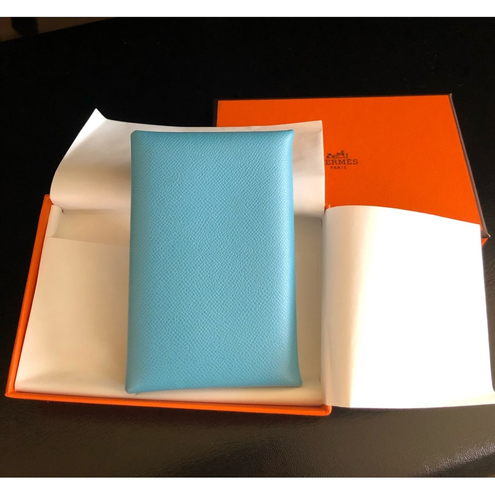 AUTH HERMES Calvi Card Case Vaux Swift Blue Engraved TGIS